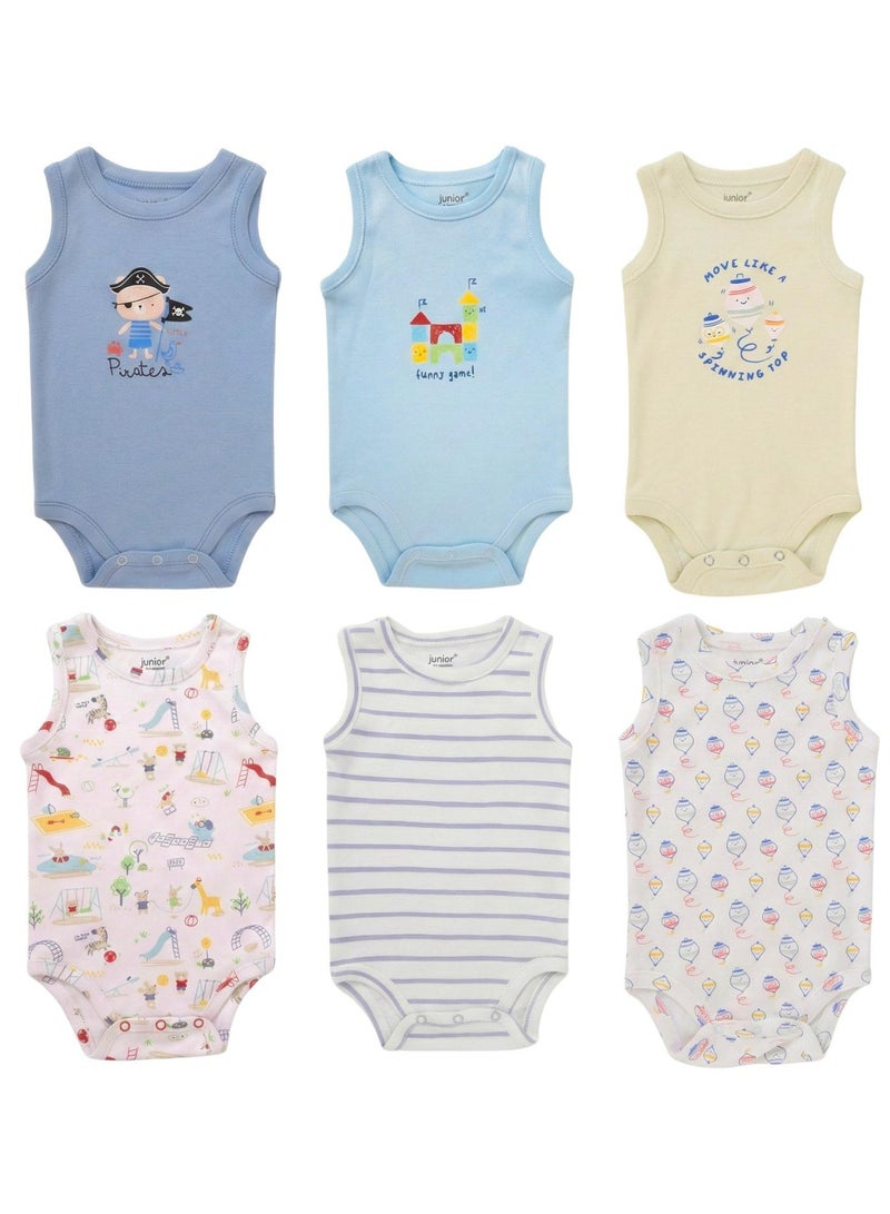 Junior Sleeveless Bodysuits 6-Pack, Pirate & Playground Prints, Striped & Solid Colors, 100% Cotton - Baby Boy - Image 1